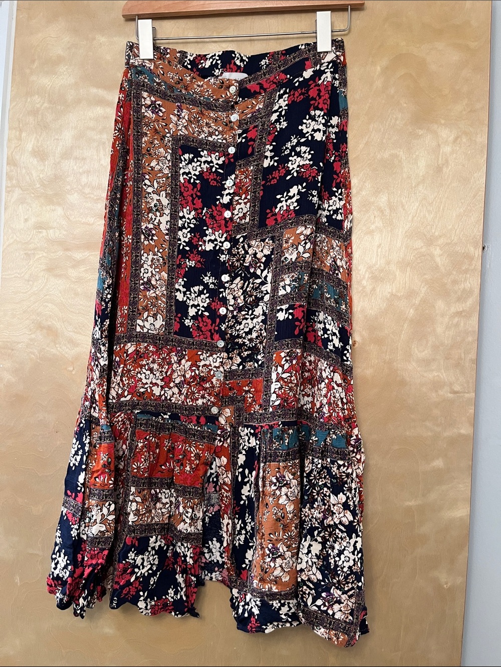 Boho Patchwork Floral Button-Down Maxi Skirt in Navy, Rust & Cream
